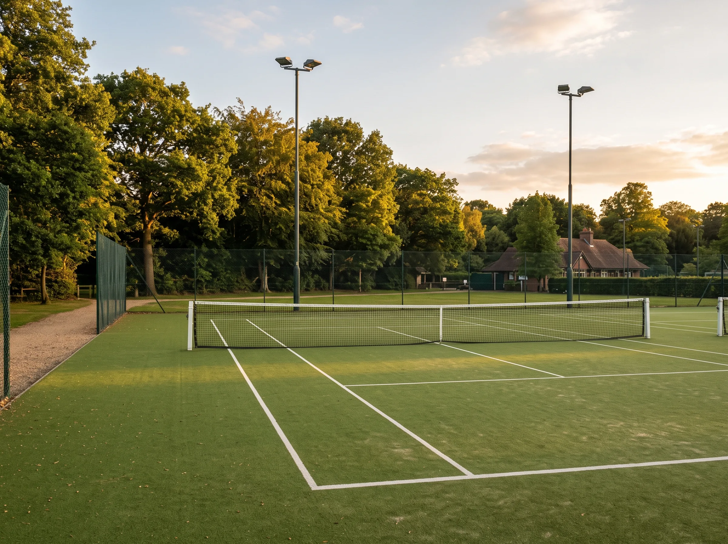 An outdoor court under floodlights at dusk