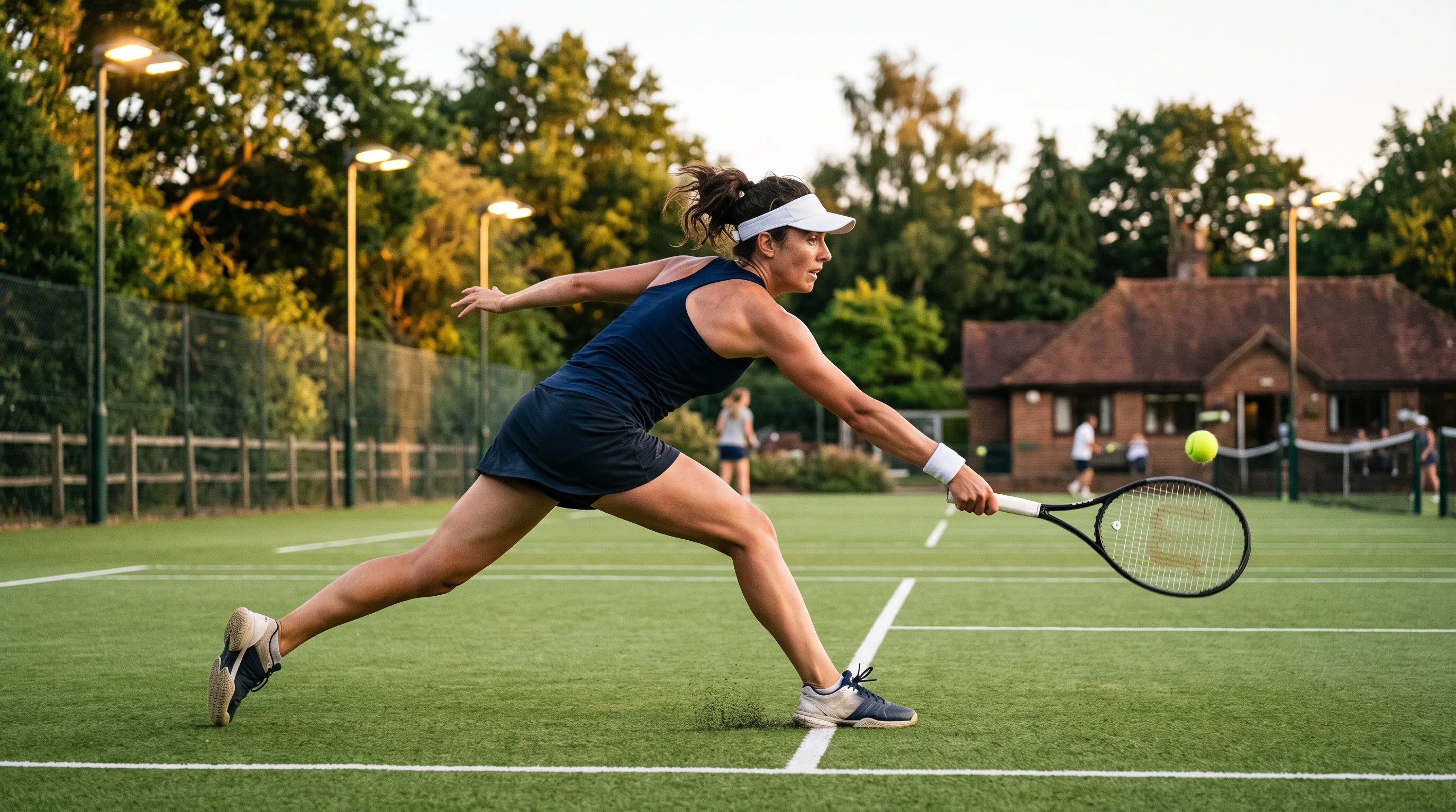 A player stretching wide for a forehand on an outdoor court