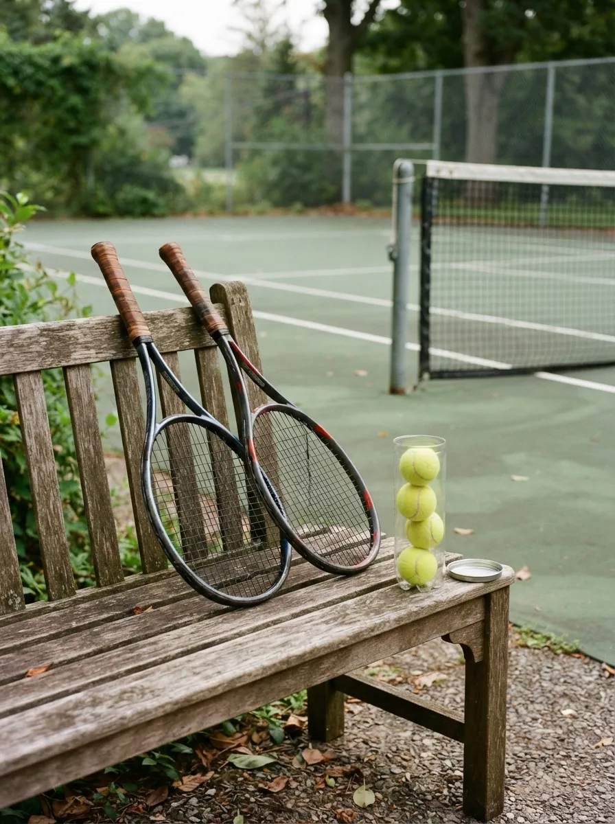 Rackets and a tube of balls on the bench beside a court