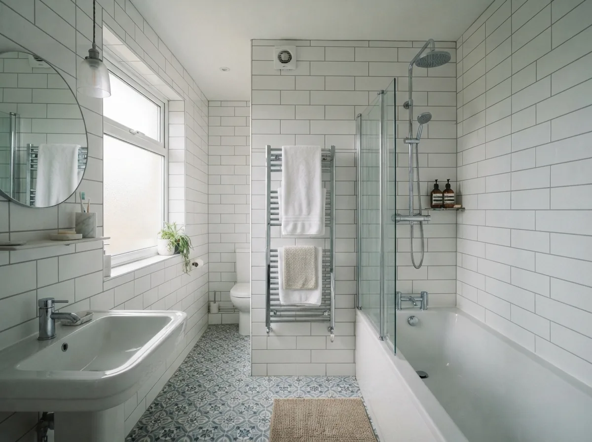 A tiled bathroom in white metro tiles laid in a brick bond