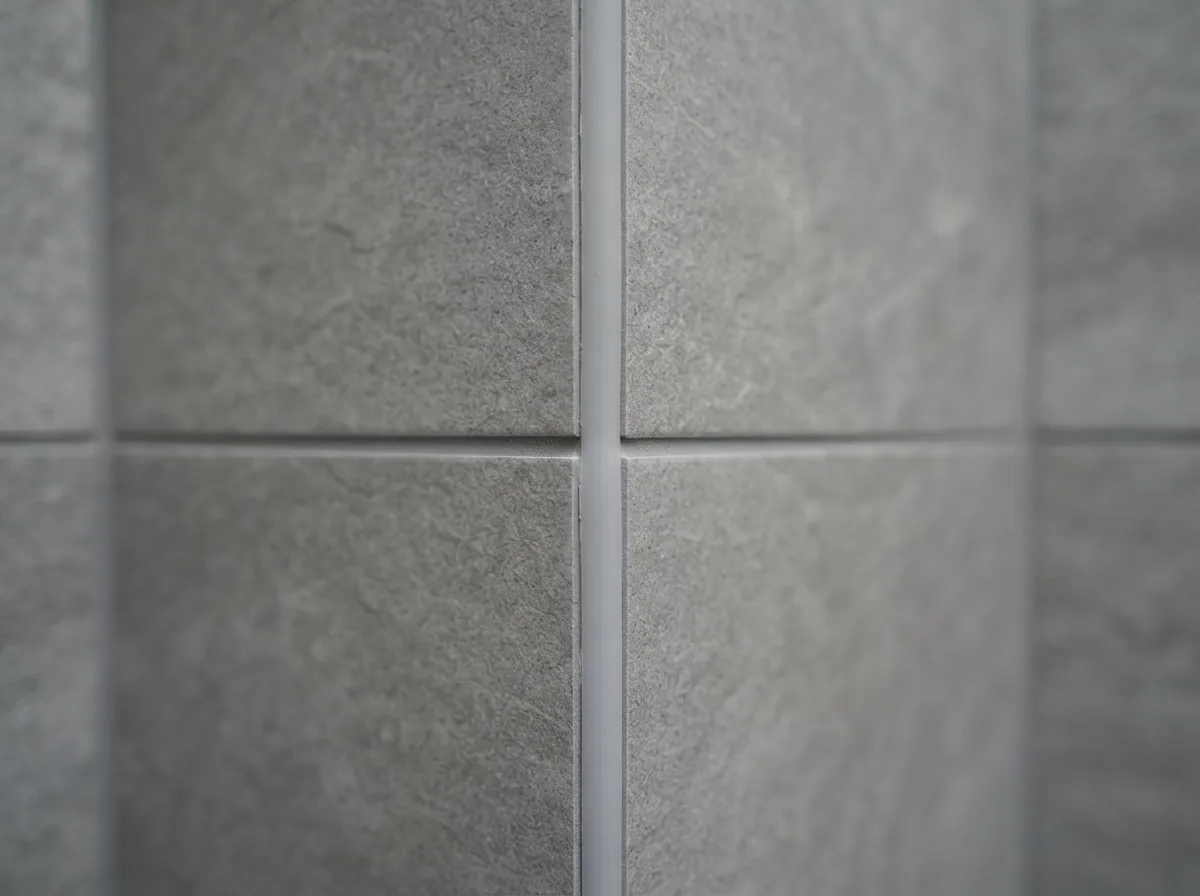 A tiled internal corner where the grout lines meet exactly across both walls