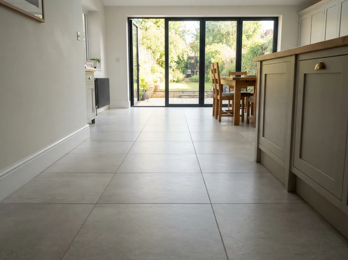 A large-format tiled floor running out to bifold doors