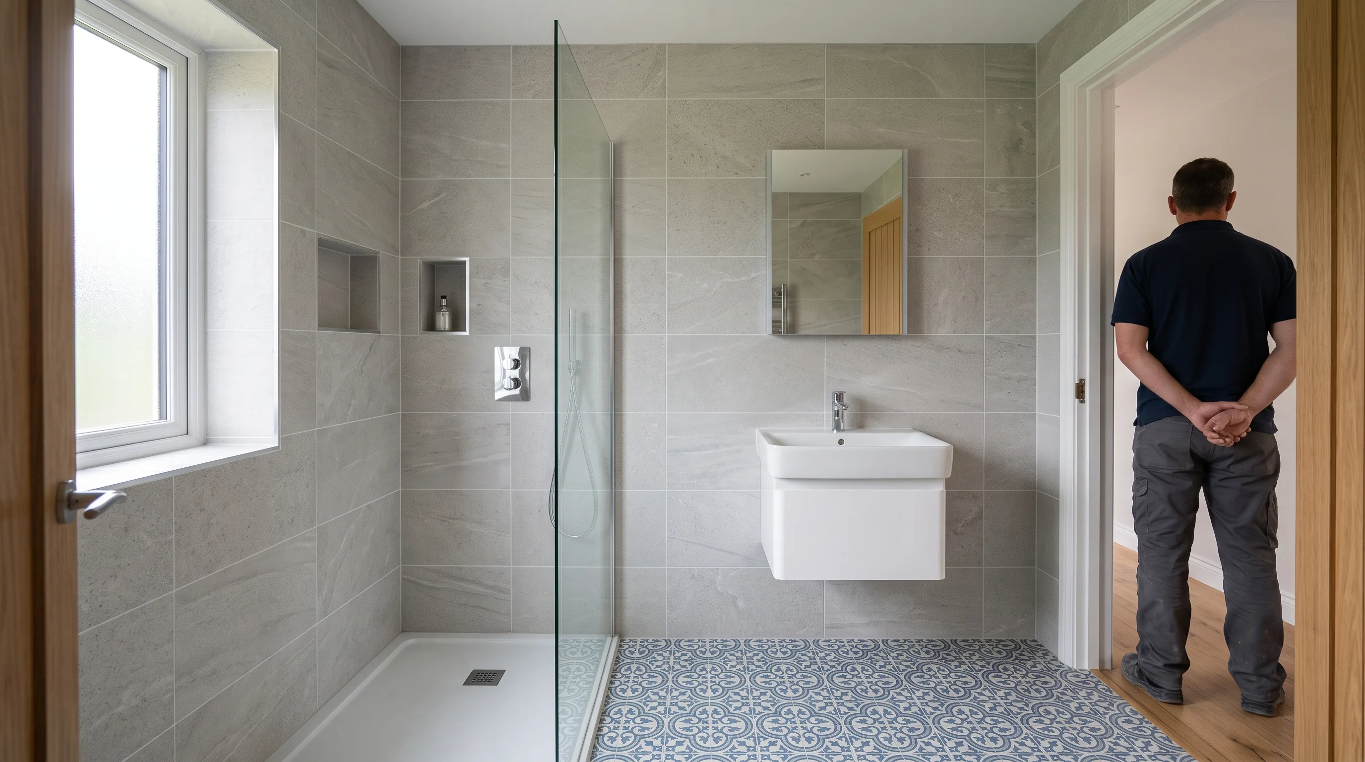 A finished tiled bathroom in large grey stone-effect tiles with even grout lines
