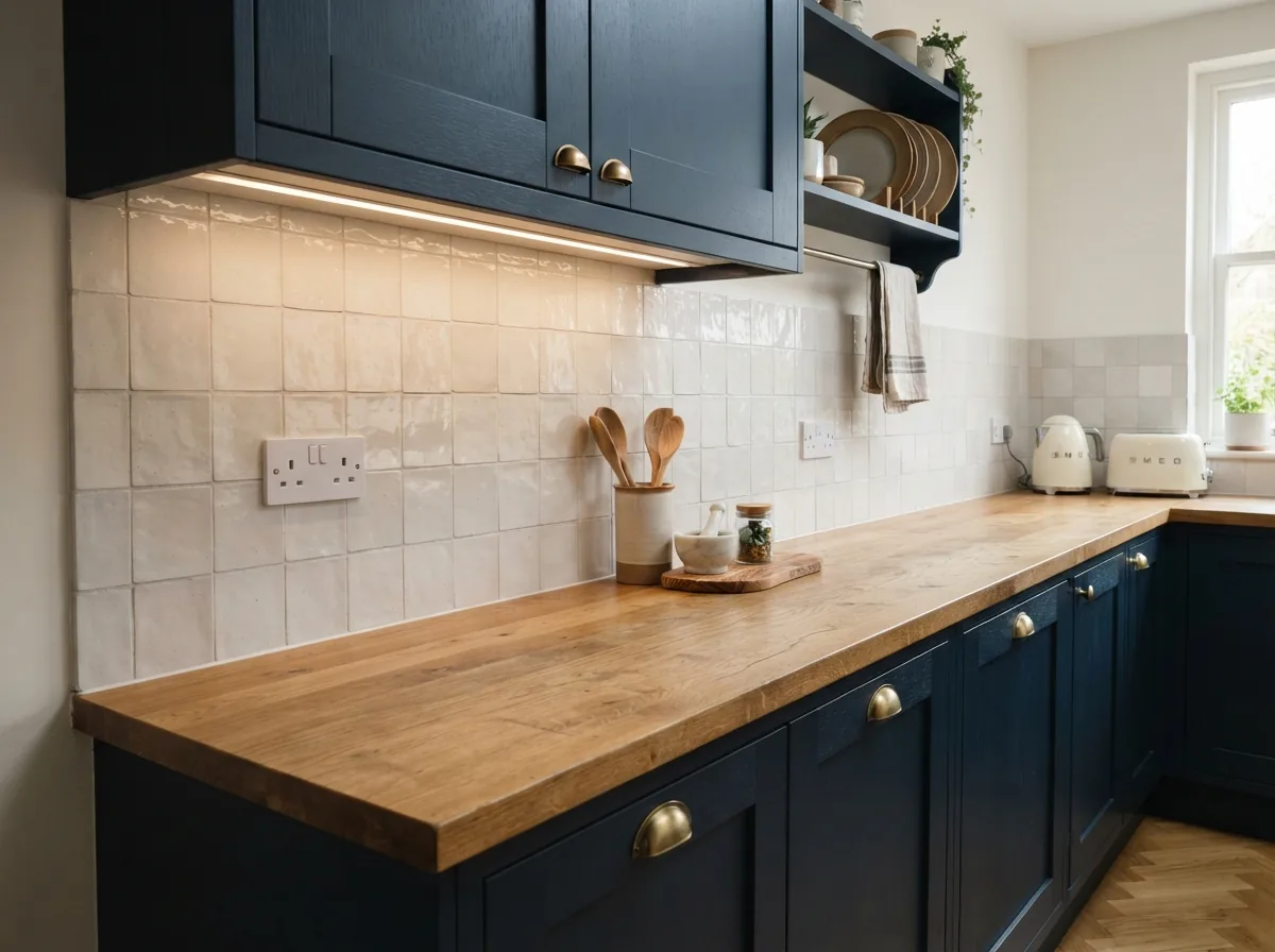 A newly tiled kitchen splashback with clean cuts around the sockets