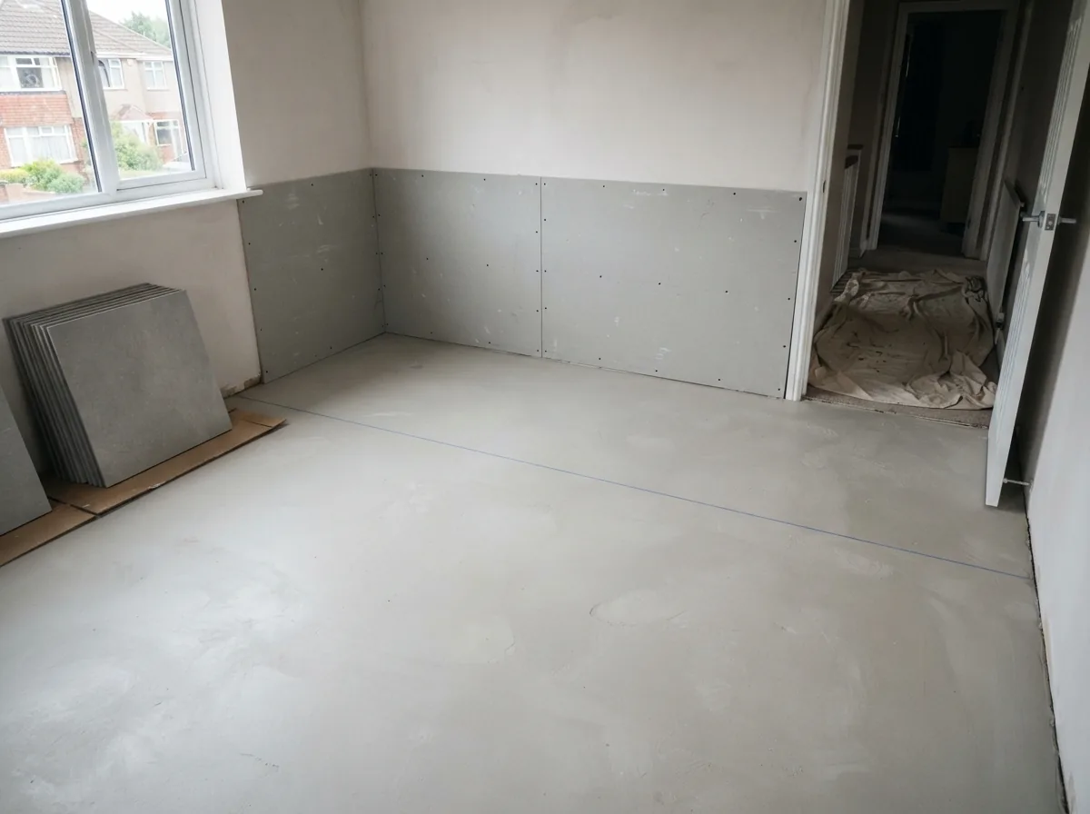 Floor preparation before tiling — self-levelling compound poured and set