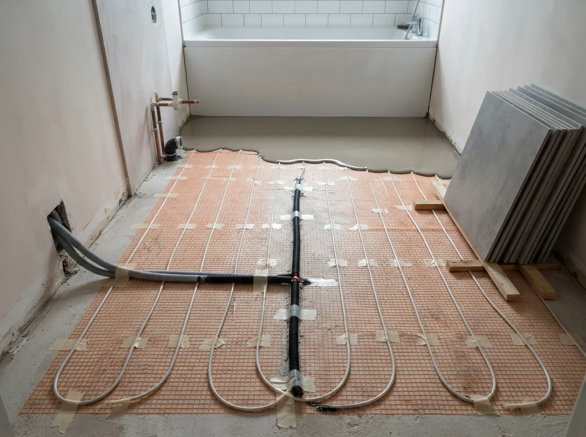 Electric underfloor heating laid out evenly before the tiles go down