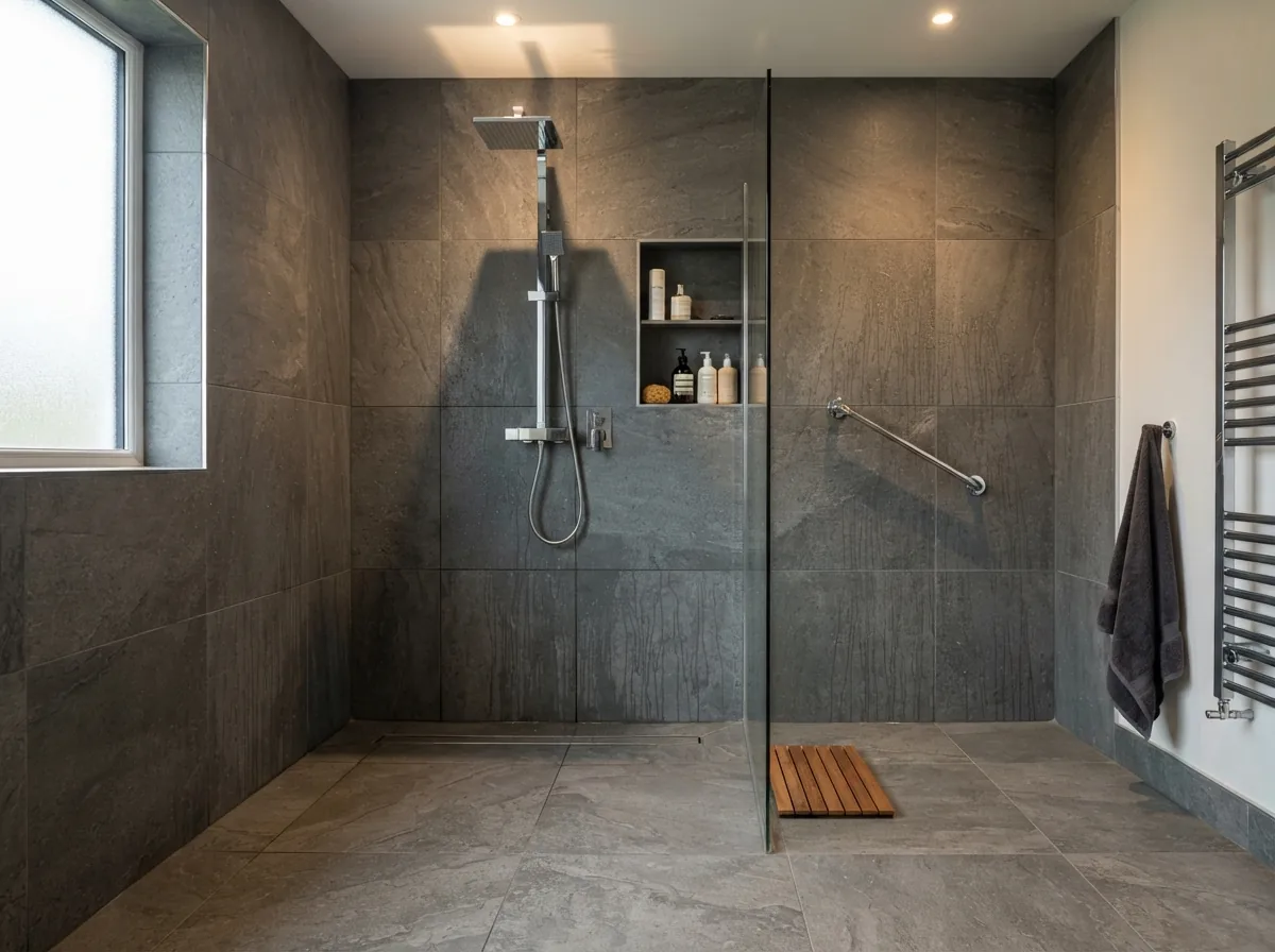 A finished wet room, fully tiled with a linear drain