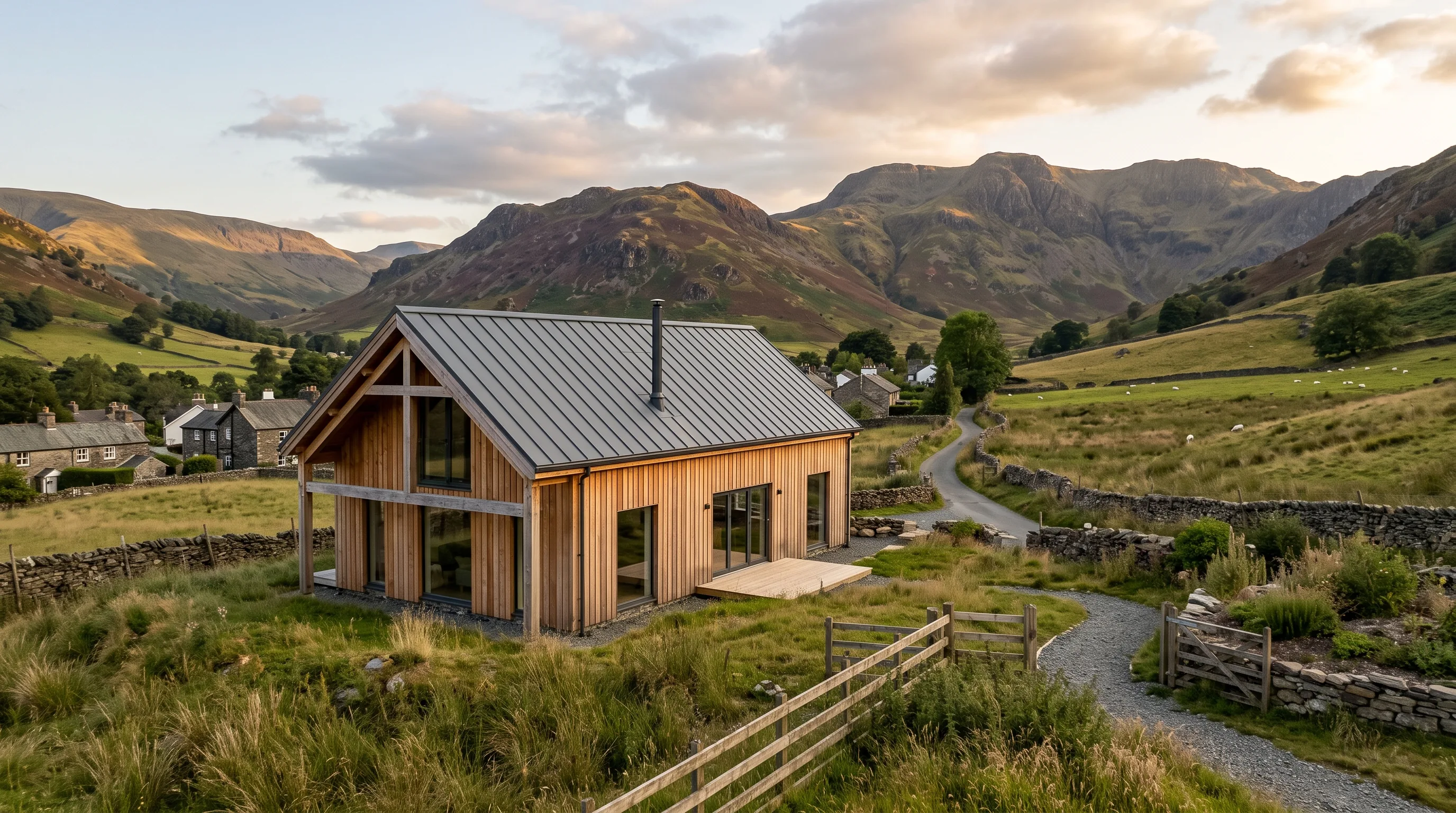 A new timber frame house with larch cladding on the edge of a village, in the evening light