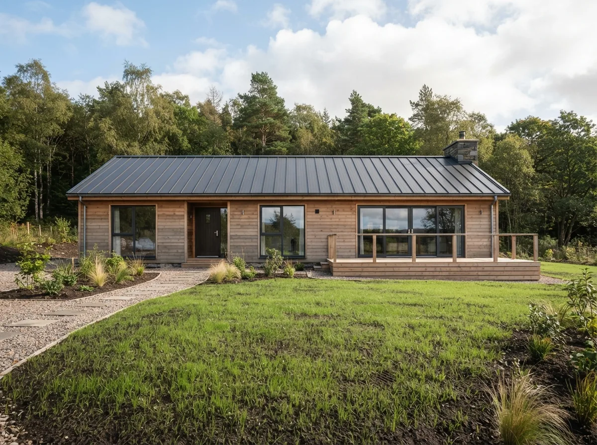 A finished bungalow in larch cladding with a standing seam roof, the lawn newly sown