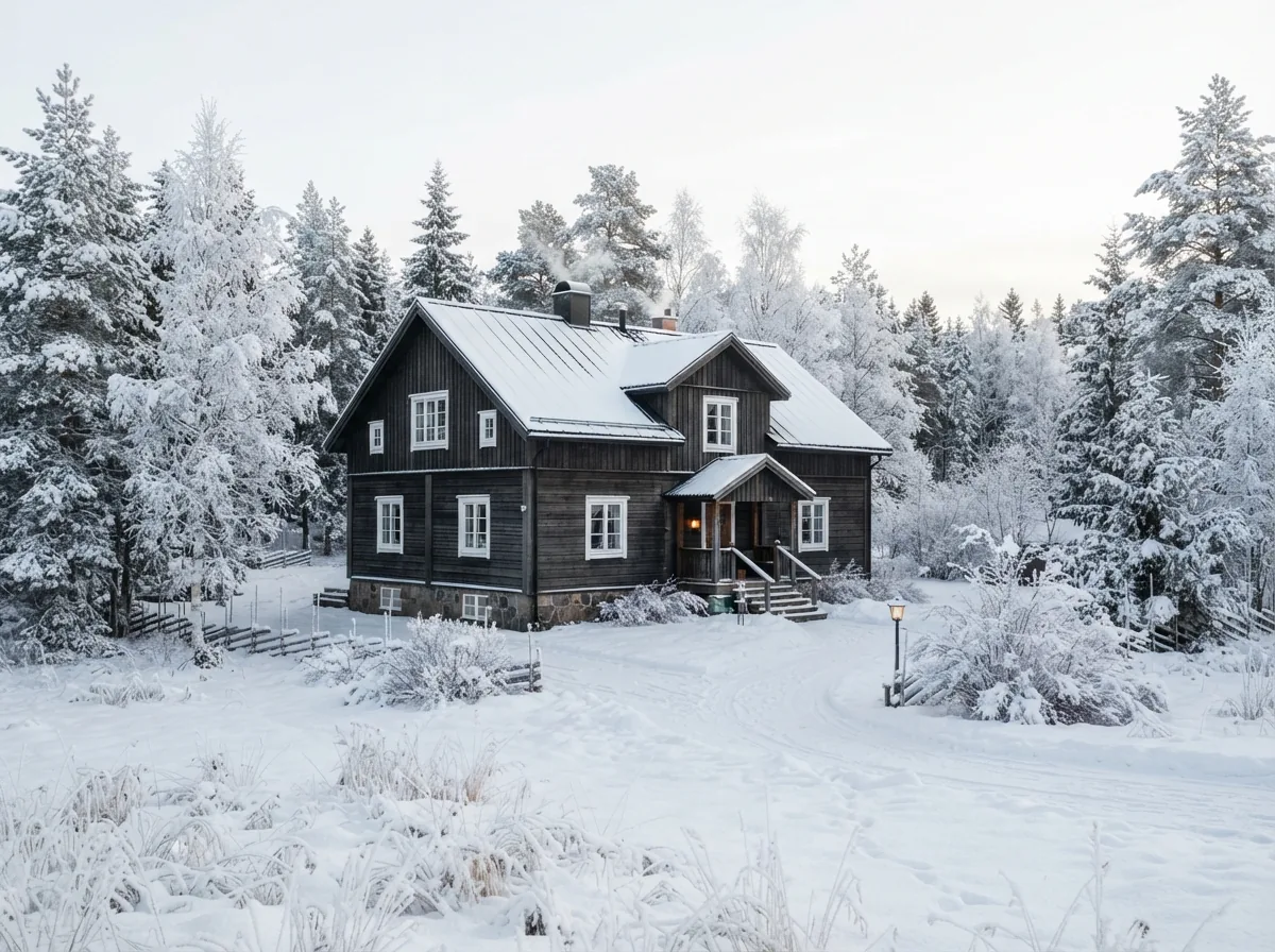 A two storey timber house with dark cladding and white windows in winter