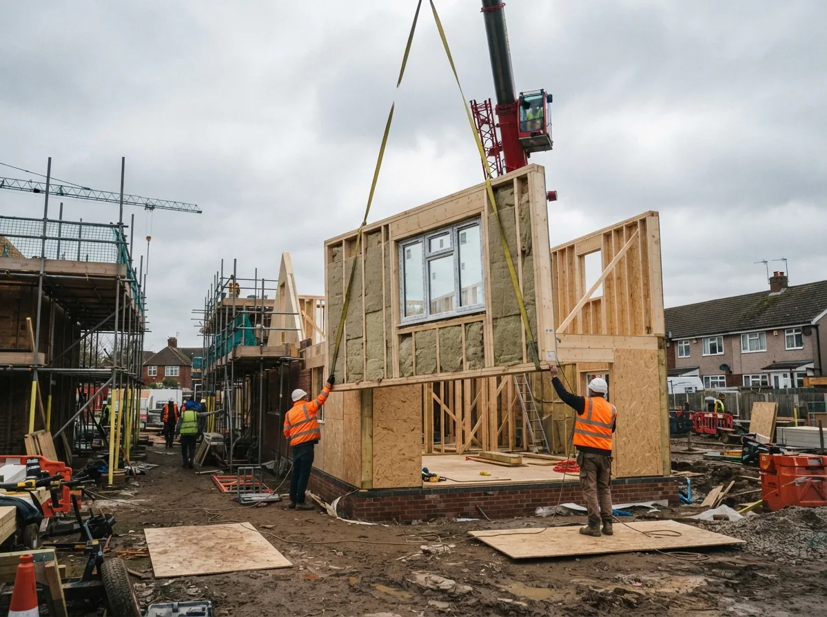 A wall panel with its frame and insulation being craned onto the house
