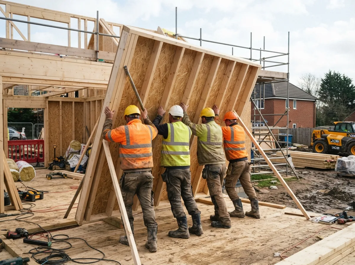 The gang standing wall panels up on a house, seen from behind