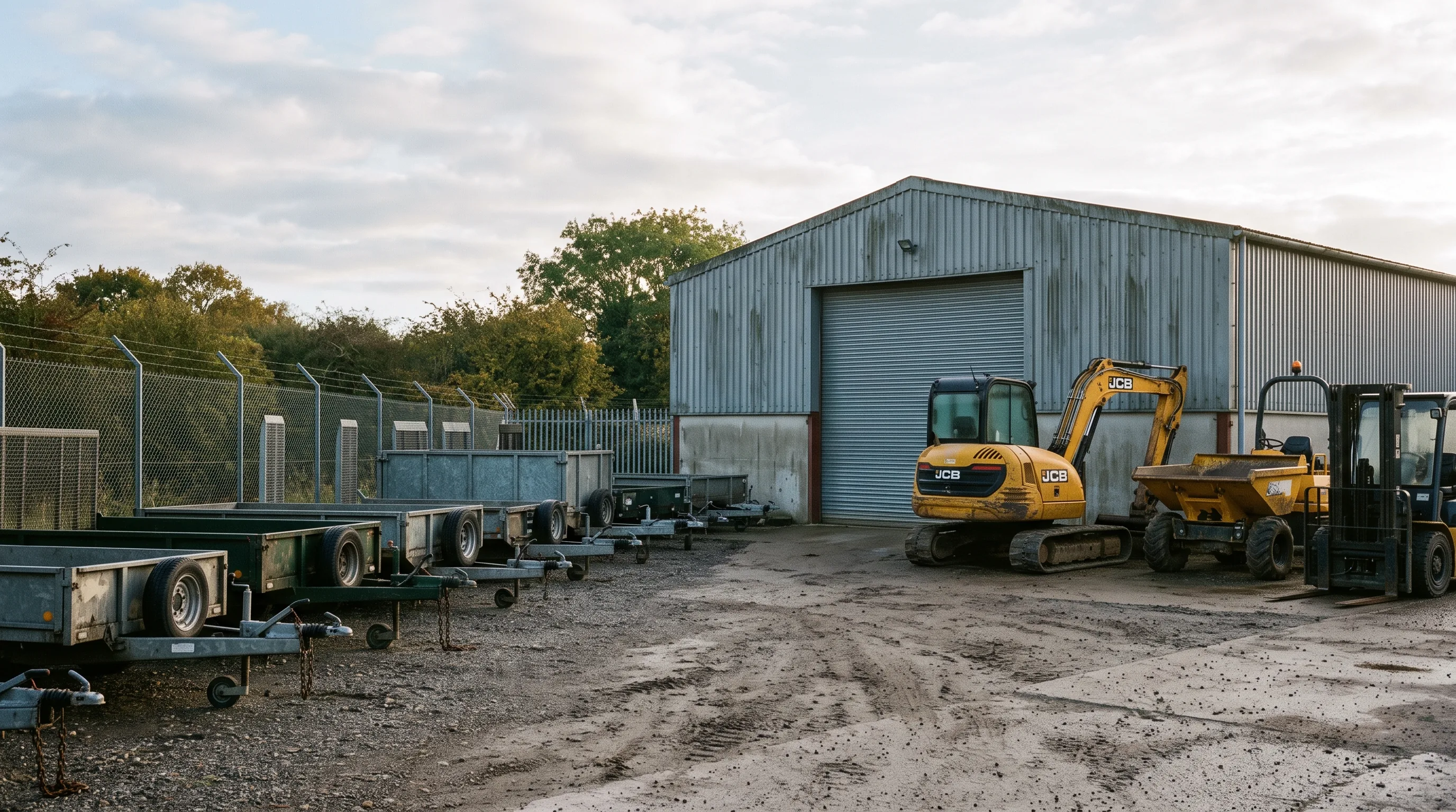 The yard first thing: trailers lined up and machines waiting to go out