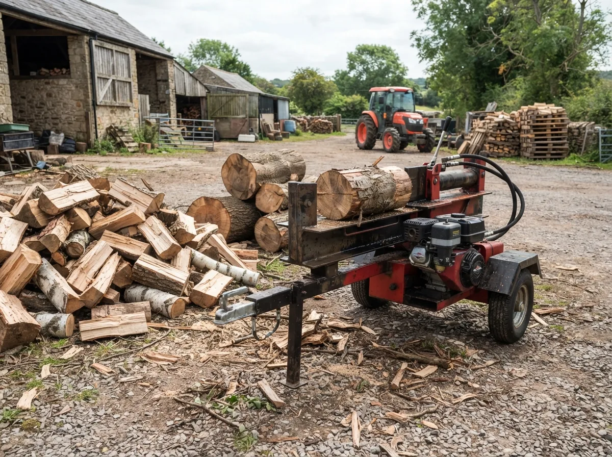 A log splitter with a heap of split logs beside it