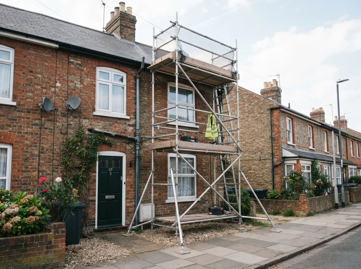 An alloy tower scaffold put up against a house