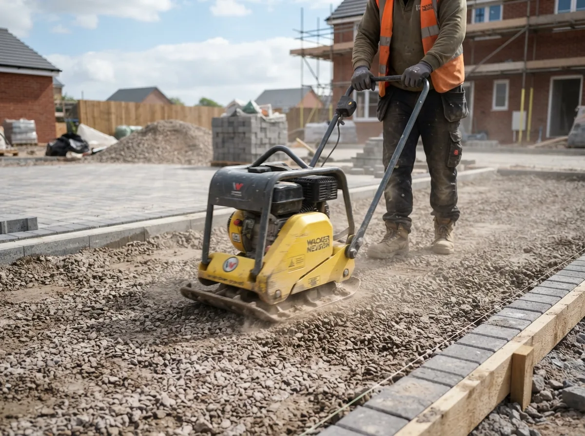 A wacker plate compacting the base for block paving
