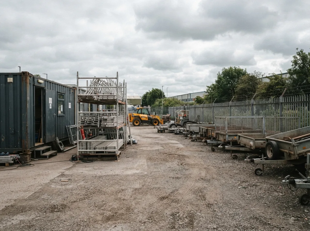 The site — the unit, the tower scaffold rack and a row of trailers along the fence