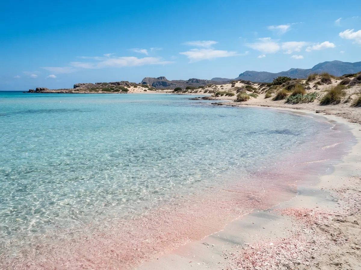 Elafonissi beach in Crete, pink-white sand and a shallow lagoon