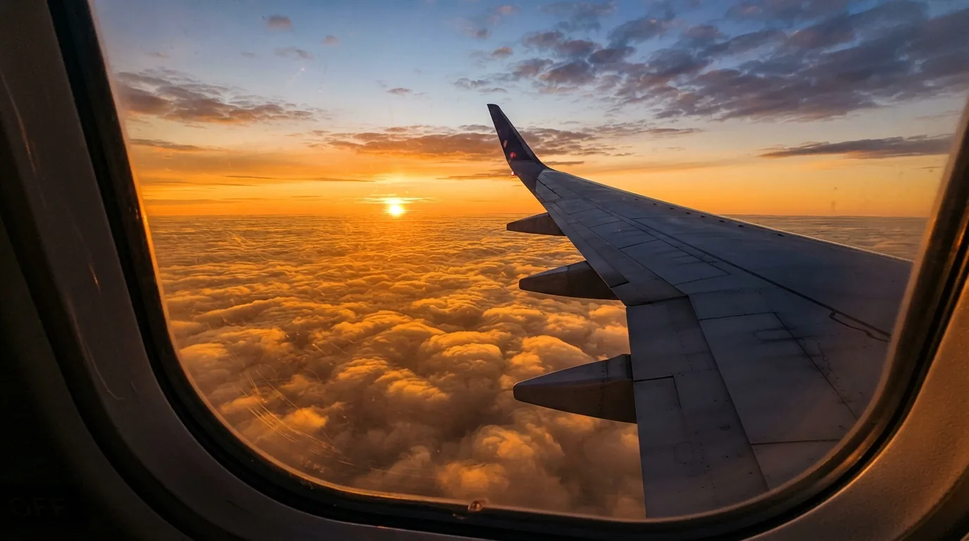 The view from an aircraft window over golden cloud at sunset