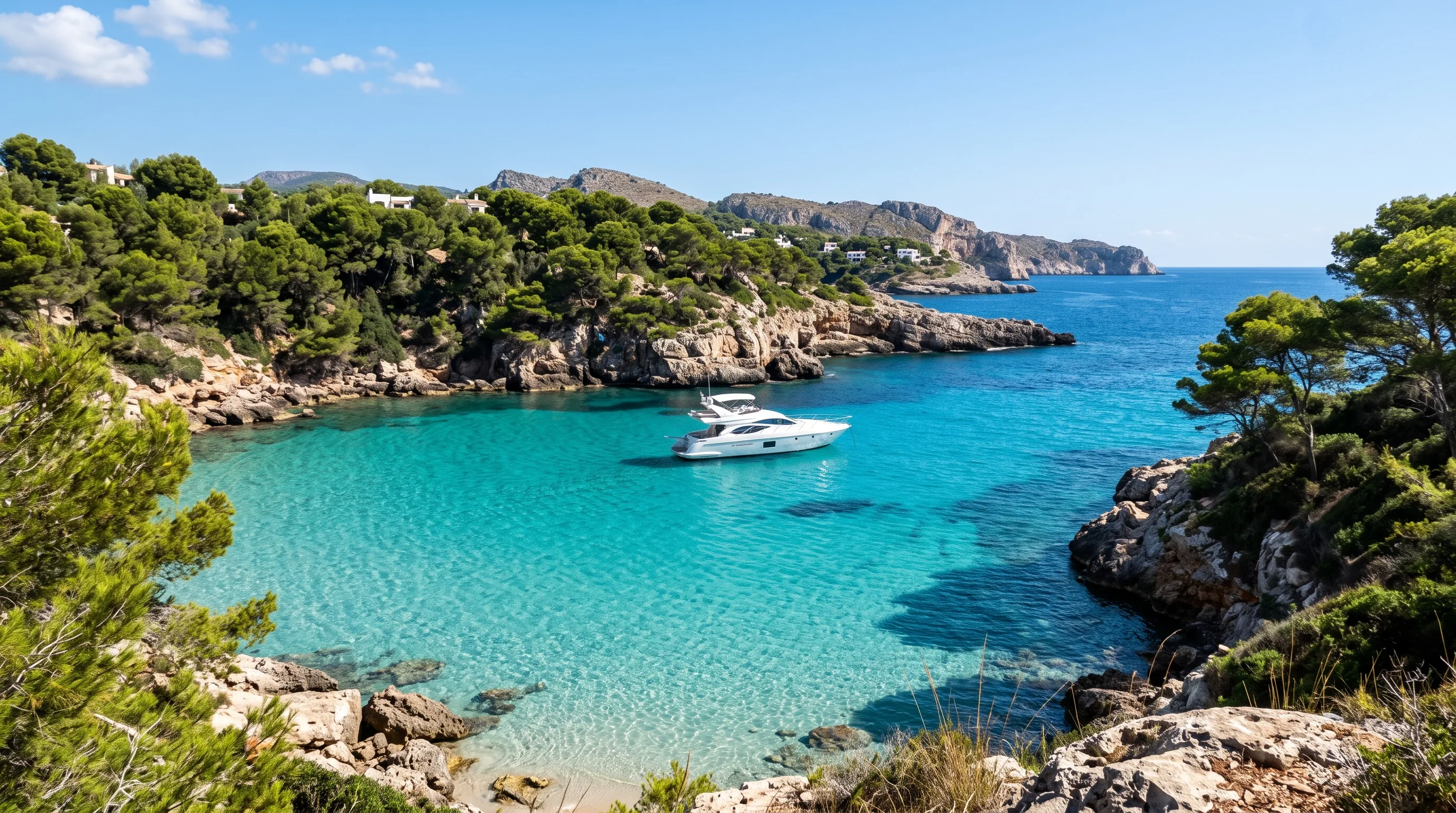 A sunlit bay with turquoise water and a yacht at anchor