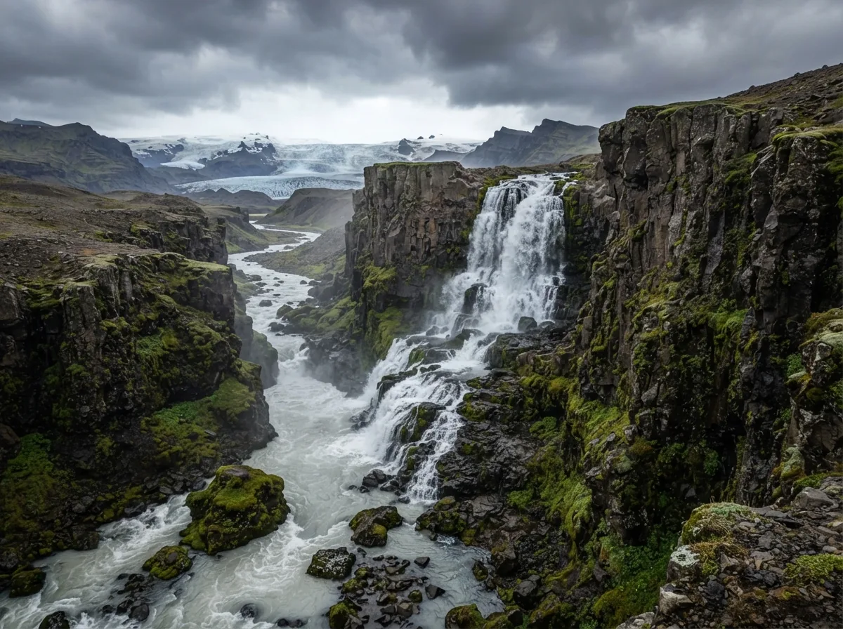 An Icelandic waterfall in basalt cliffs with a glacier behind