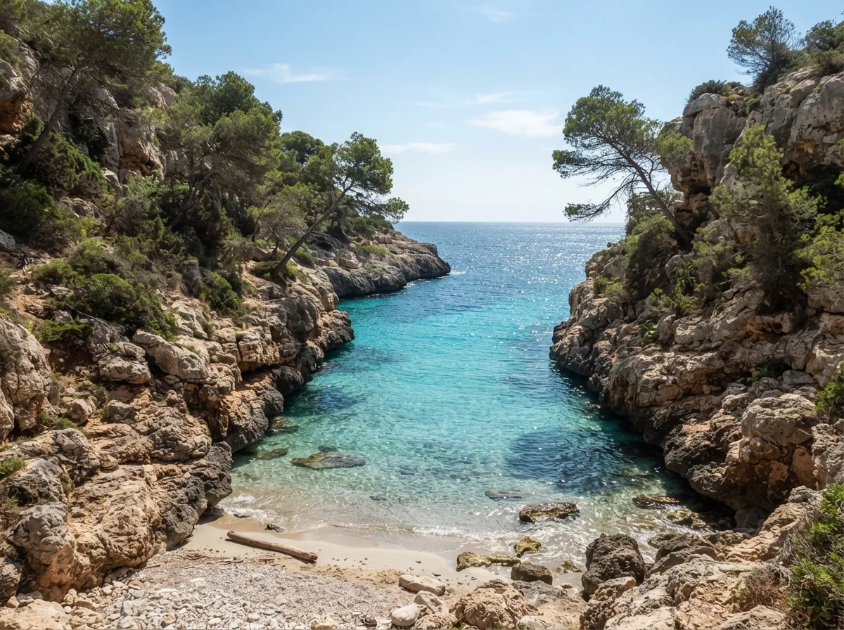 A hidden cove in Majorca with pines above the water