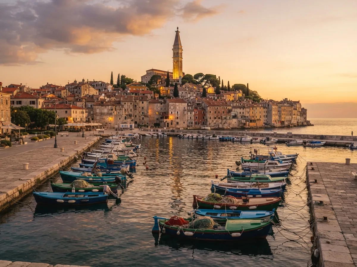 The old town of Rovinj in Istria, its bell tower and fishing boats in the harbour