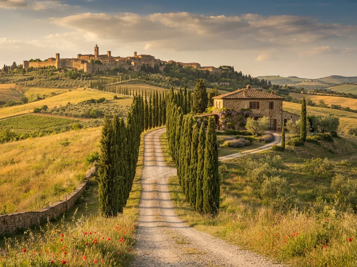 A Tuscan hillside with a cypress avenue, a stone farmhouse and a hill town beyond