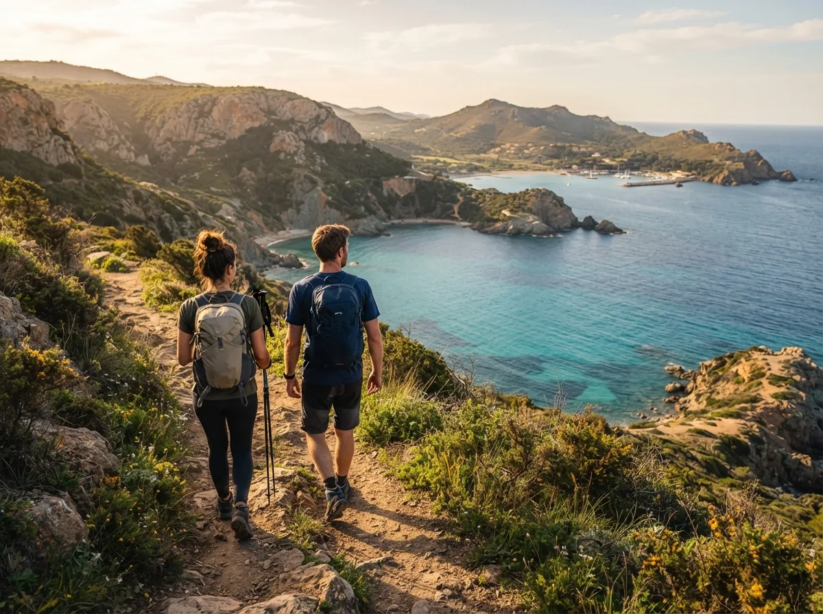 Two walkers on a coastal path above a bay