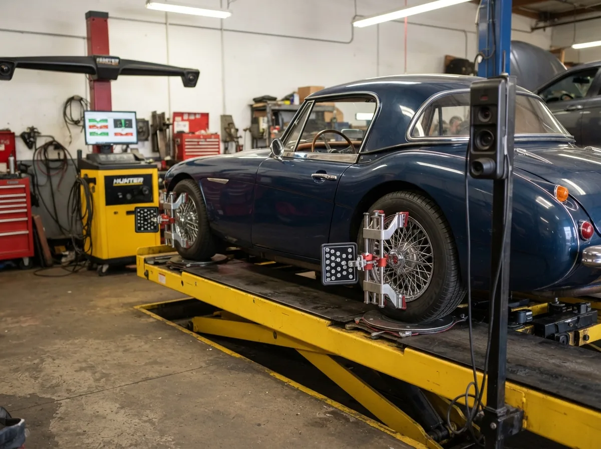 A car on the alignment rig with targets on the wheels