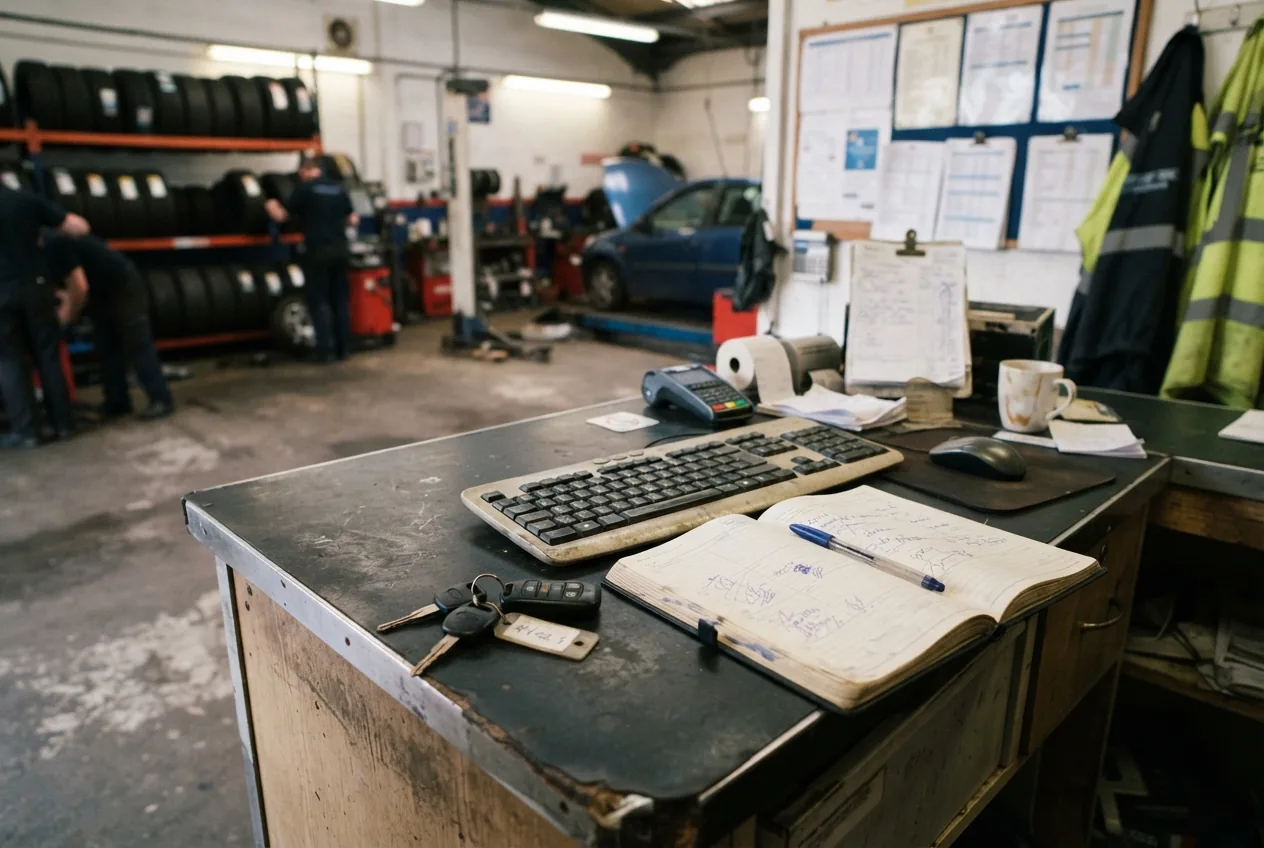 The desk, with the diary and a set of car keys