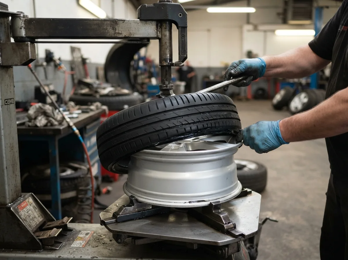 A tyre machine with an alloy wheel and a new tyre