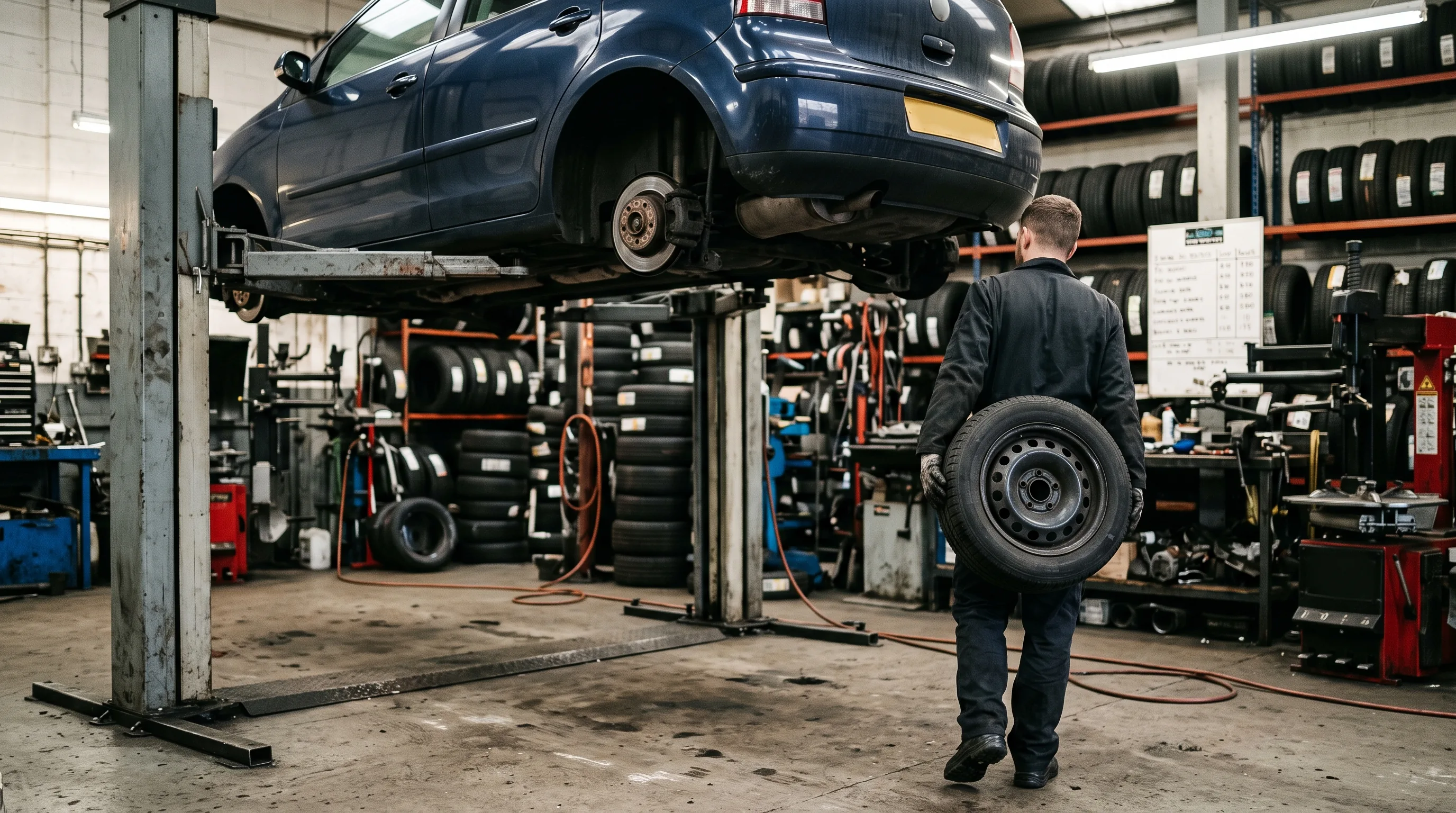 A car on the ramp with the wheels off, ready for new tyres