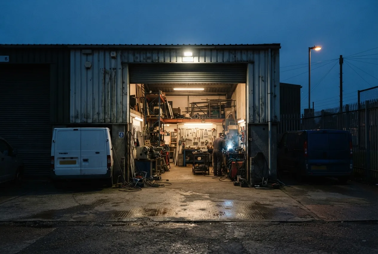 The unit at dusk with the shutter up and the lights on