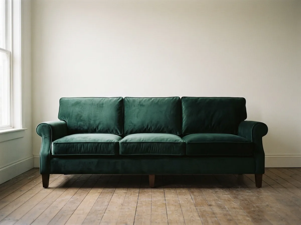 The sofa after — a new dark green velvet cover