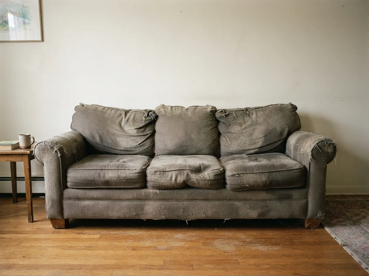 The same sofa before — worn through and faded