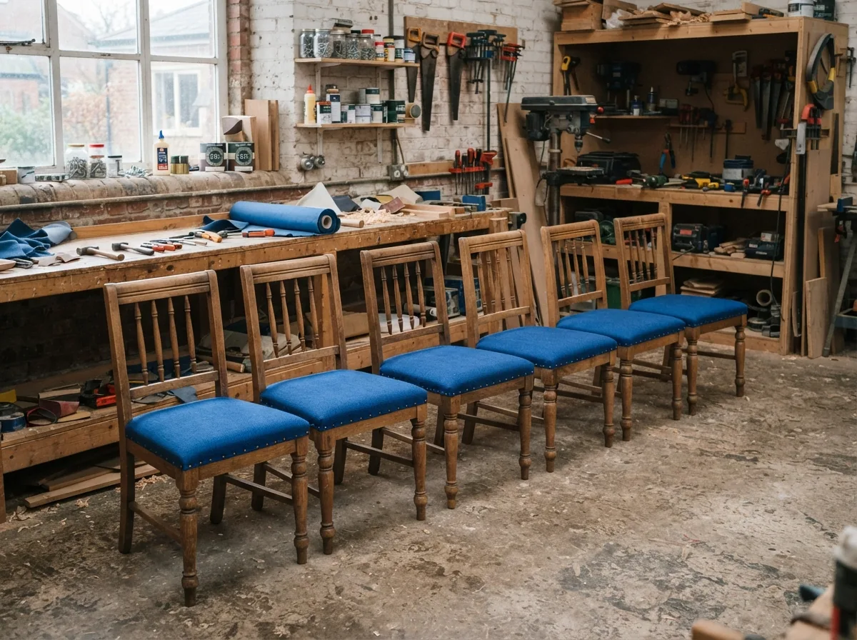 Six wooden dining chairs with new blue seats