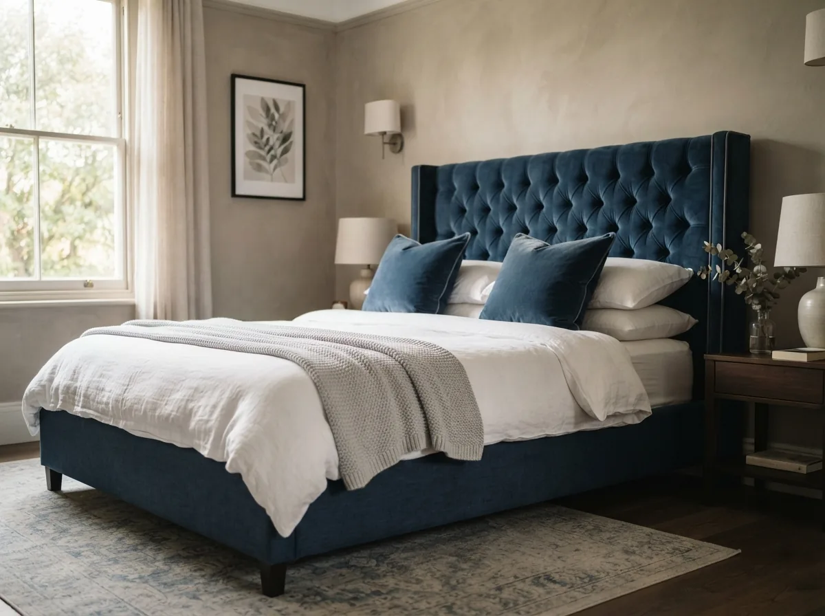 A velvet headboard, deep buttoned