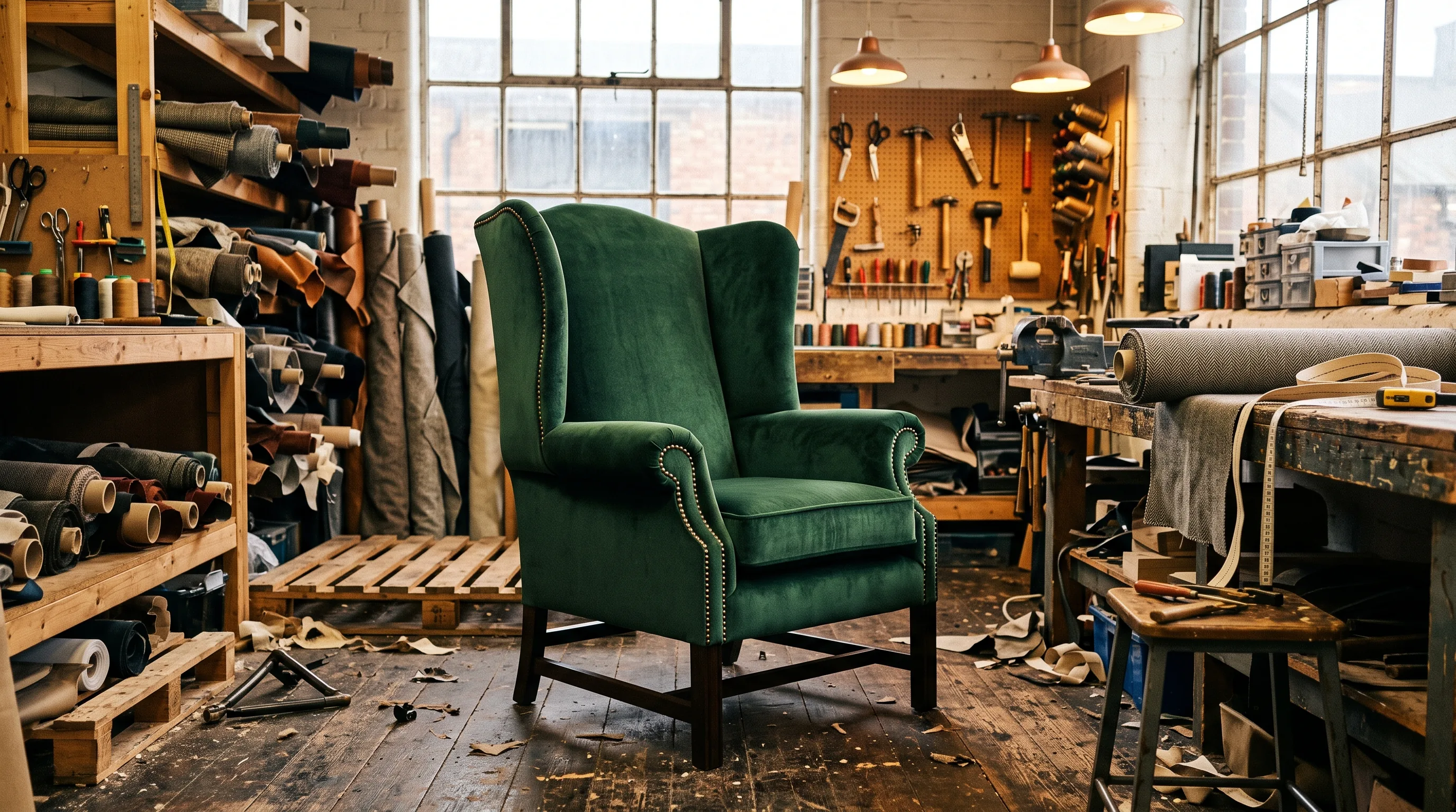 A wing chair rebuilt and covered in dark green velvet, in the workshop