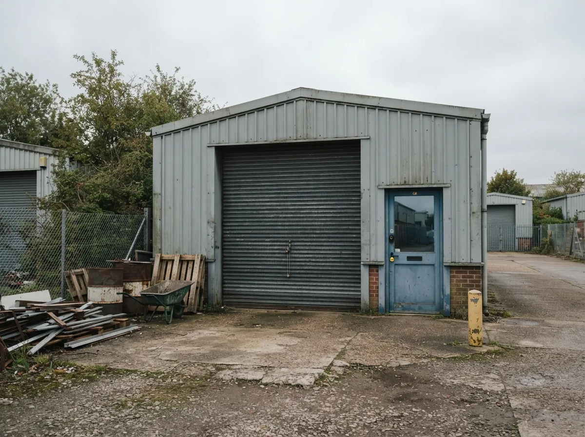 The workshop from the road, with the yard entrance beside it