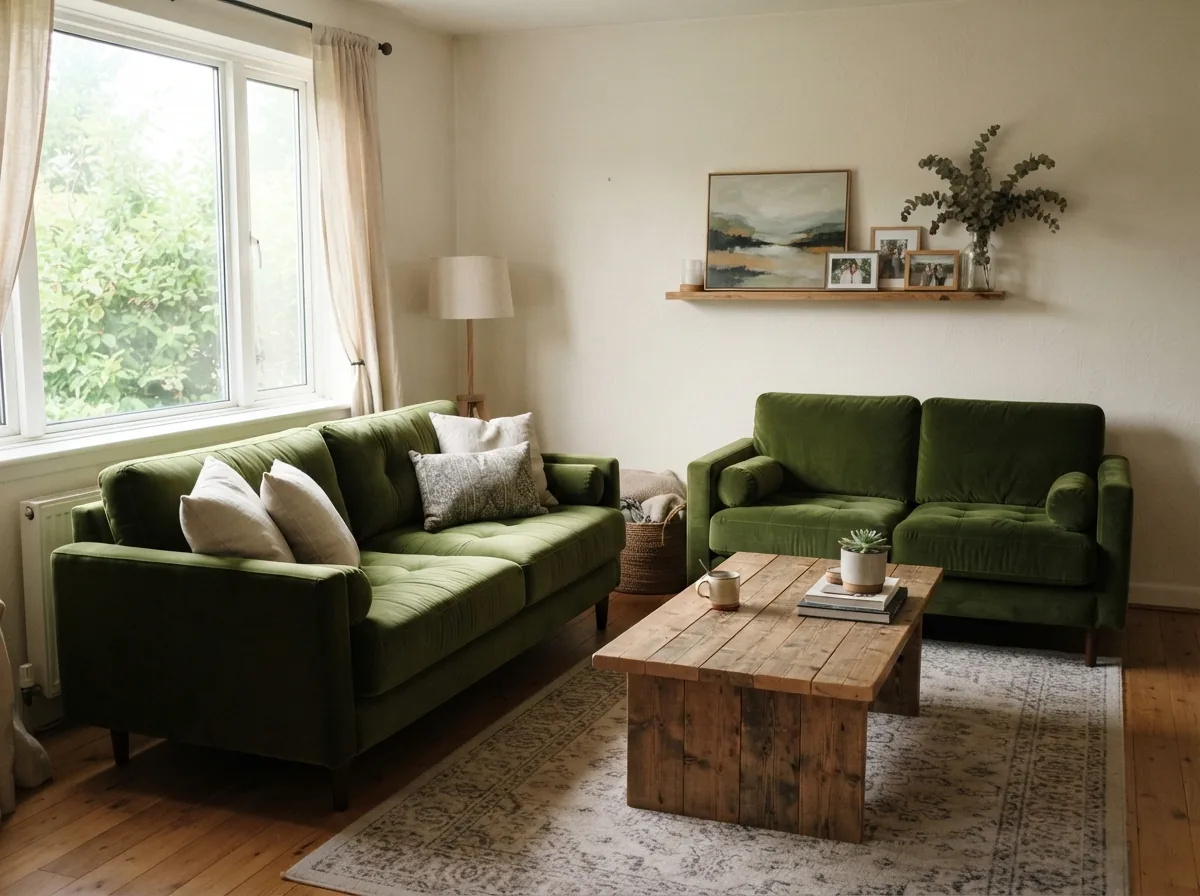 A three and a two re-covered in moss green velvet