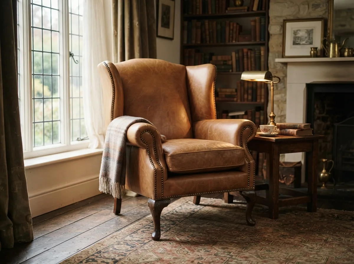 An old wing chair re-covered in tan leather with brass studs