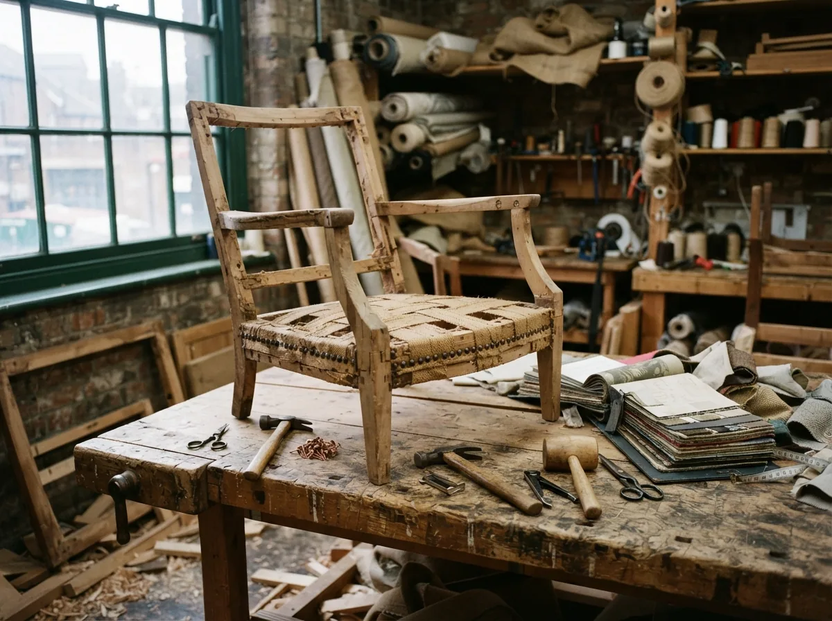 The workshop: a stripped chair frame, sample books and tools on the bench