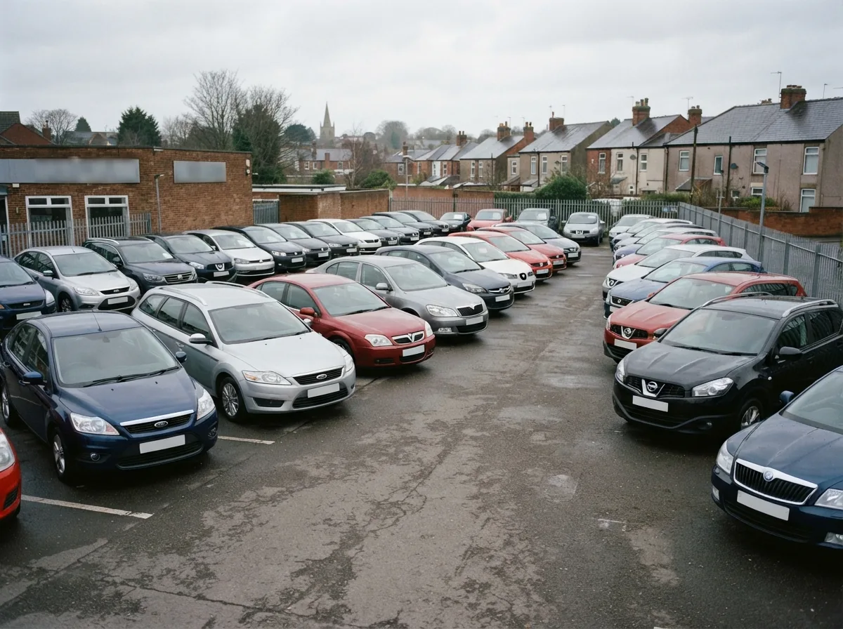 The forecourt, with rows of checked cars