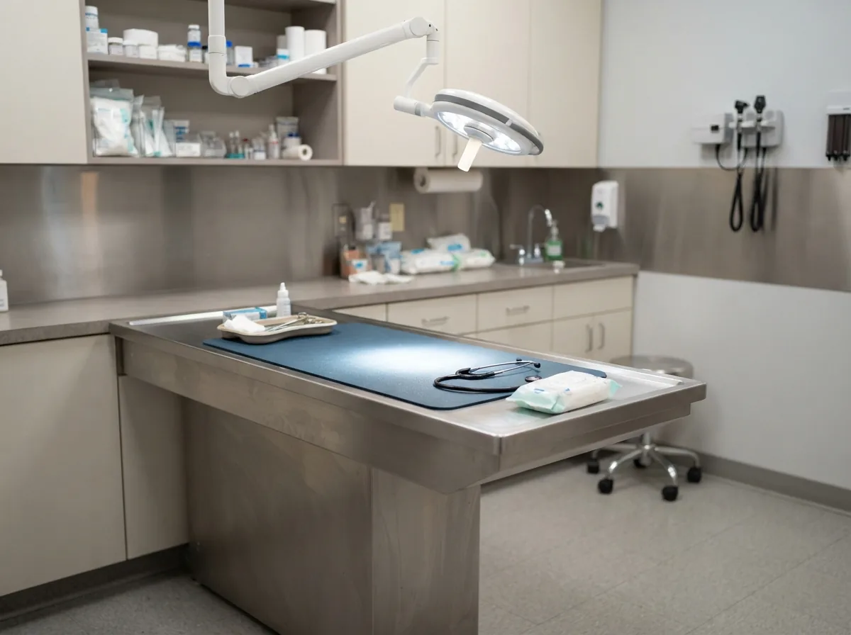 A consulting room with a stainless steel table and an examination lamp