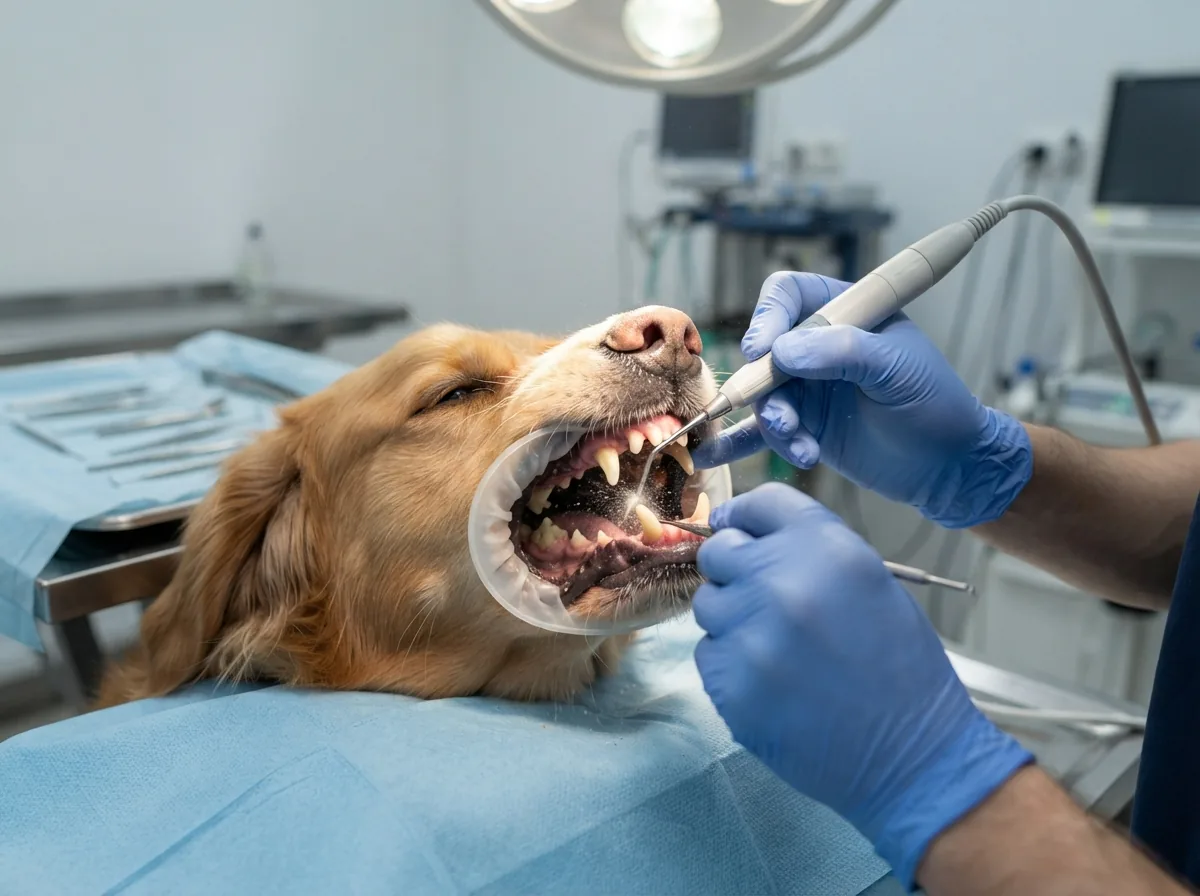 A dog’s teeth being scaled with an ultrasonic scaler