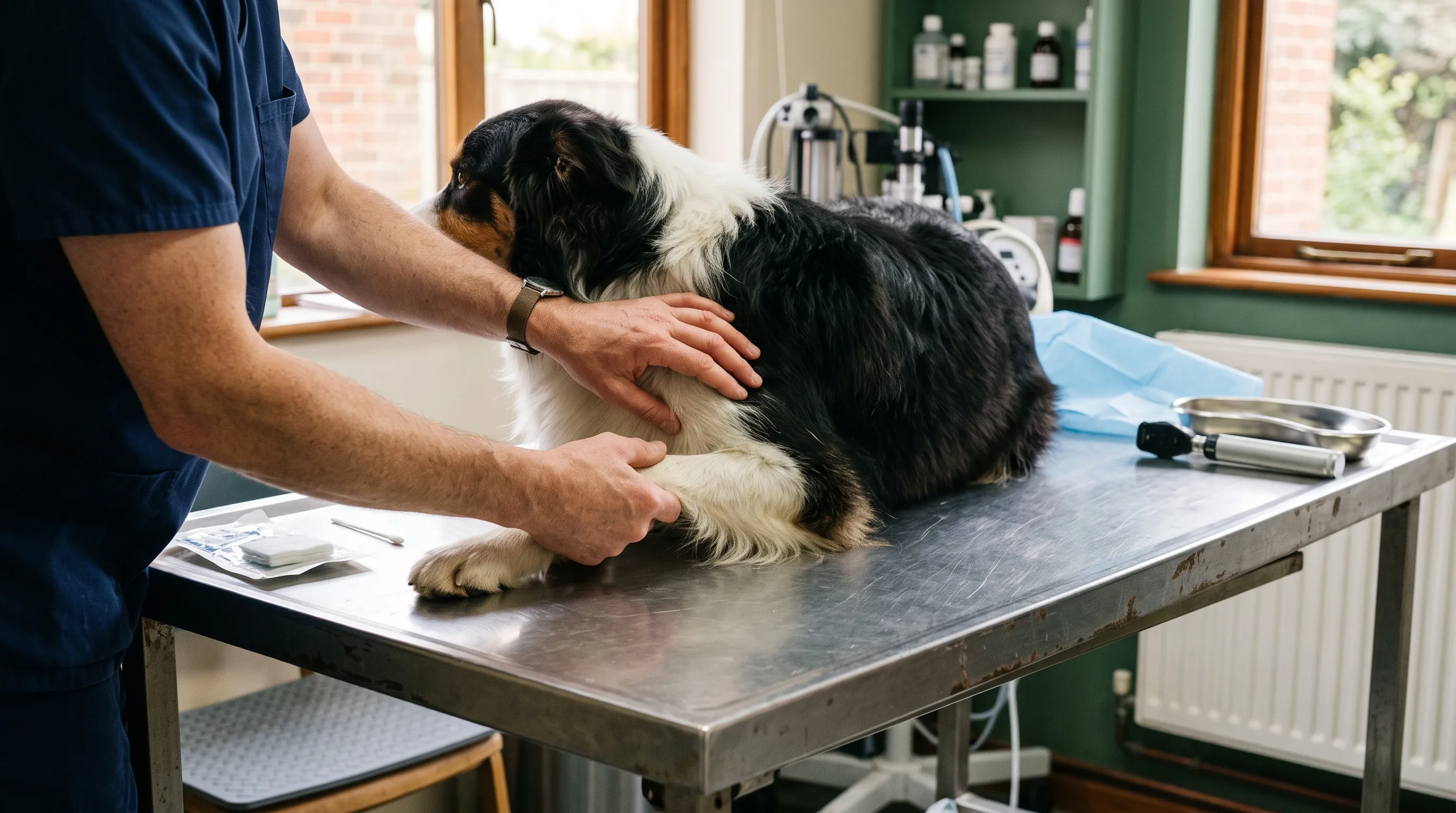 A vet examining a dog on the consulting room table
