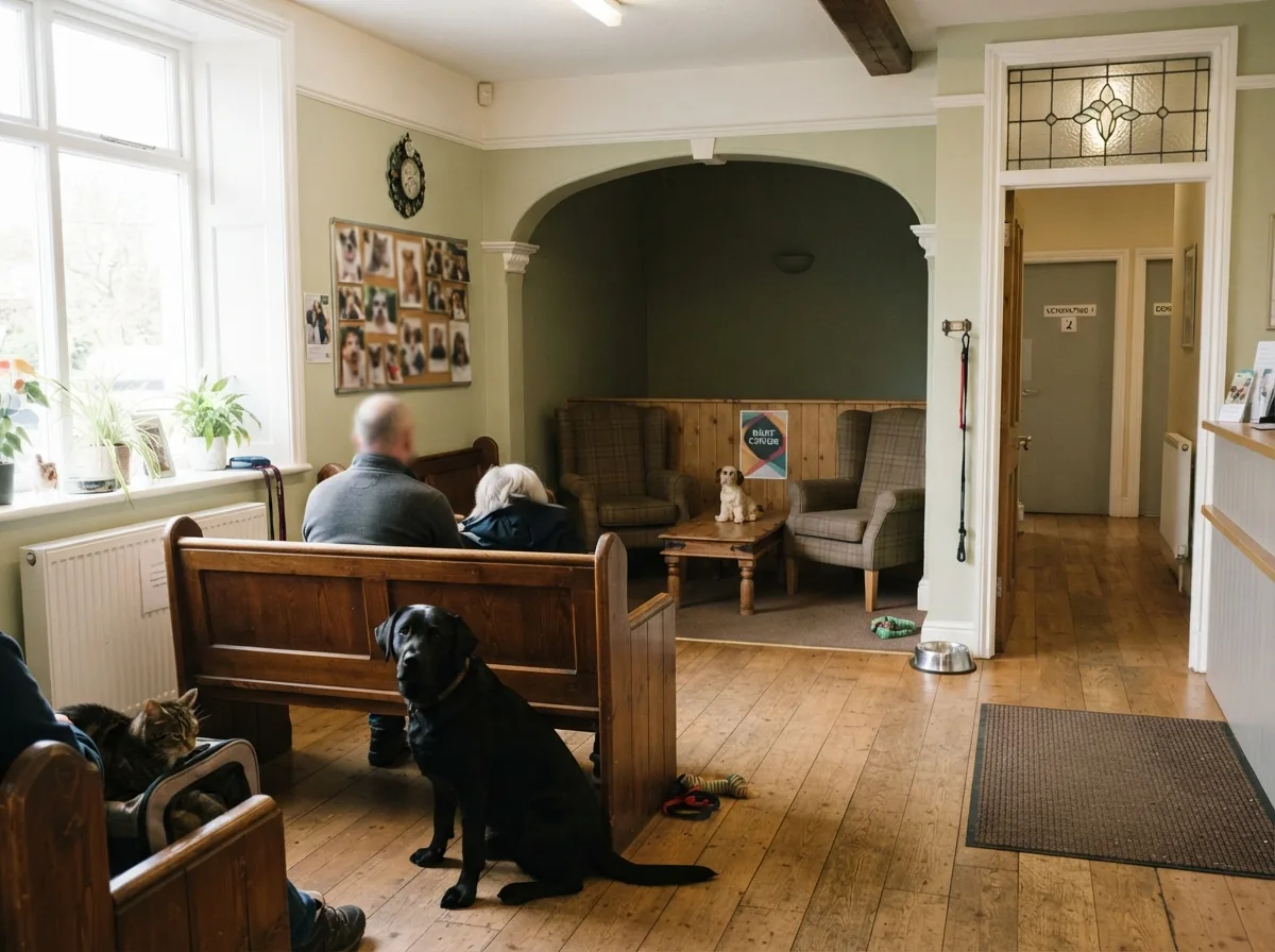 A light waiting room with wooden benches