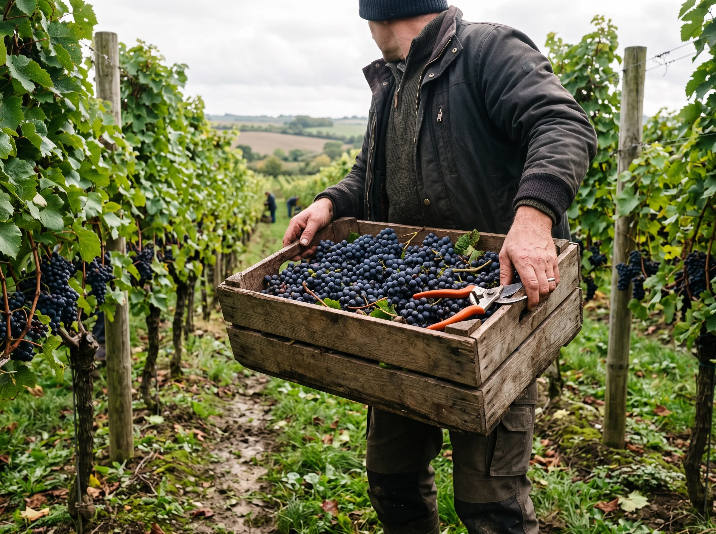A crate of just-picked grapes being carried between the rows