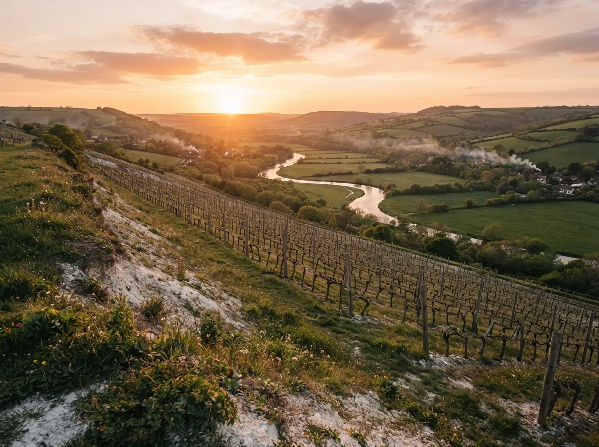 The vineyard looking south over the Ouse valley at sunset